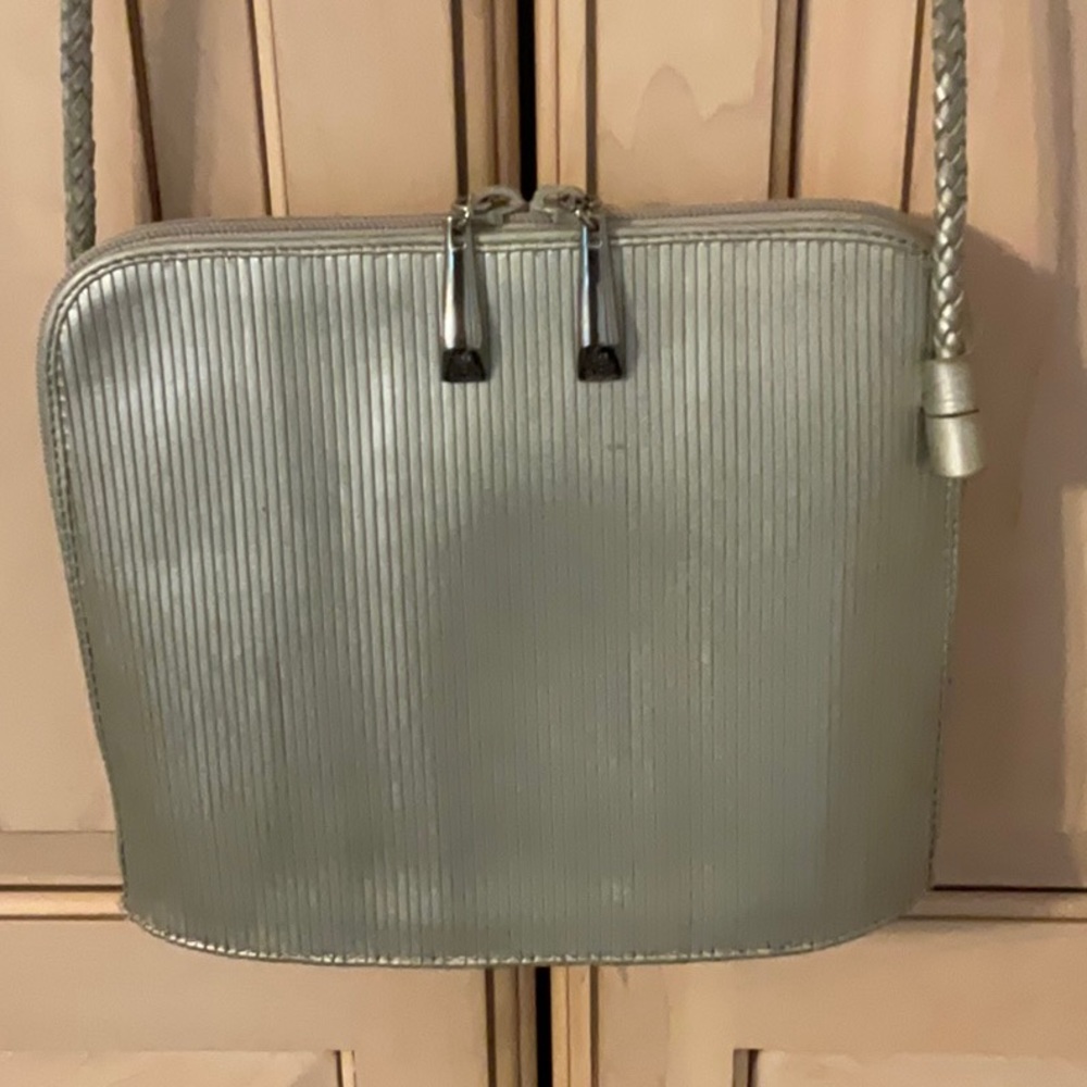 Silver Leather Small Crossbody Bag, 7.5”H x 8.5” L x 3” W, 22” Drop.